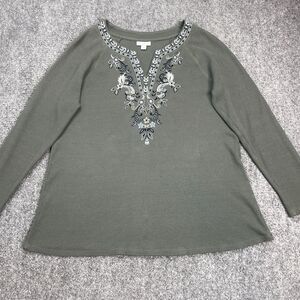 J Jill Top Womens Large Thermal Embroidered Long Sleeve Waffle Knit Sage Green